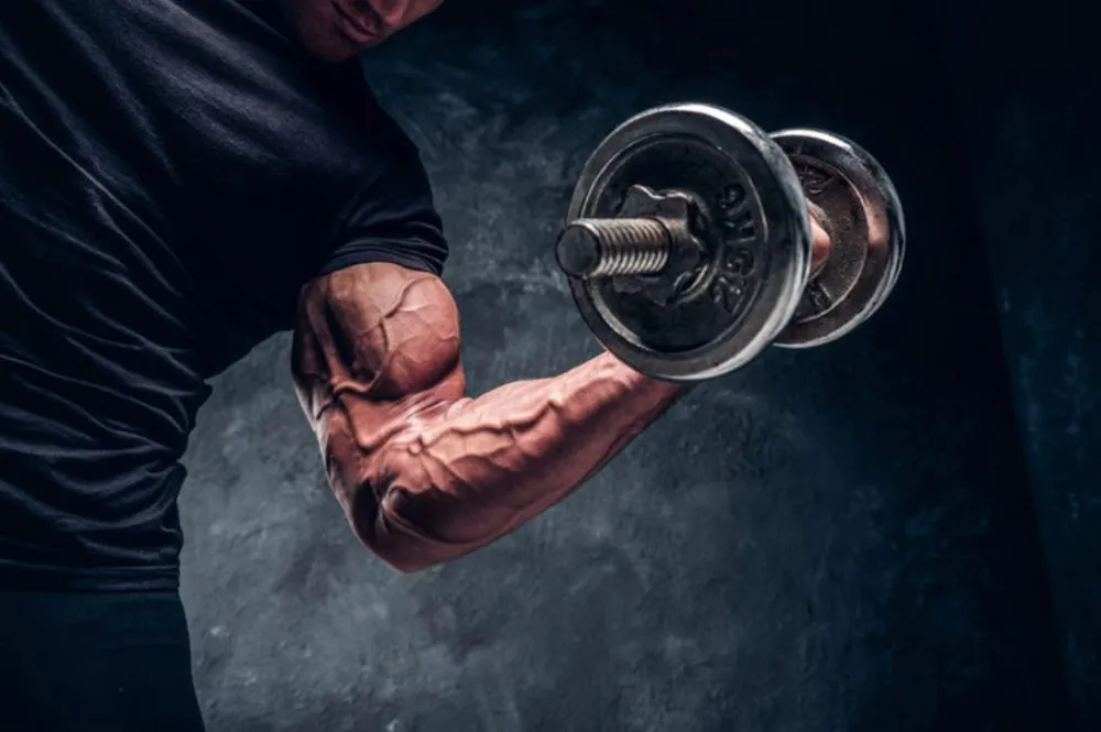 Een gespierde man met een halterschijf in zijn hand, terwijl zijn gespierde arm en torso goed zichtbaar zijn tijdens het uitvoeren van een fitnessoefening.